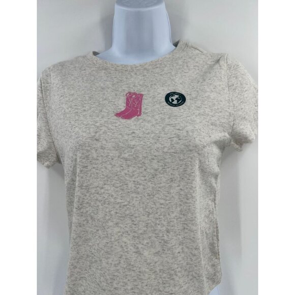 Aeropostale Seriously Soft Baby Tee L Beige Pink Embroidered Cowboy Boot Graphic - Picture 3 of 11